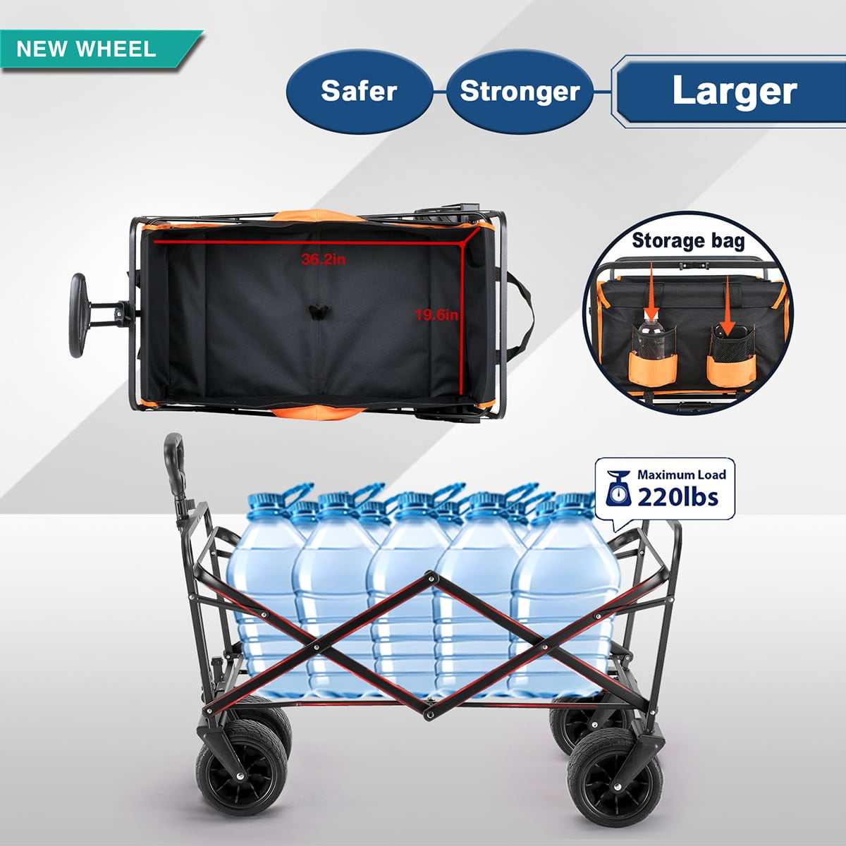 Collapsible Wagon, 350 Lbs Capacity Outdoor Folding Camping Wagons, Grocery Portable Utility Cart, Adjustable Rolling Carts, All Terrain Sports Wagon with Big Wheels