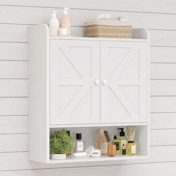 EasyCom 22" W x 26" H Bathroom Wall Cabinet, Farmhouse Medicine Cabinet with Adjustable Shelves and Double Barn Doors, Over The Toilet Storage Cabinet for Bathroom, Kitchen, Living Room,White