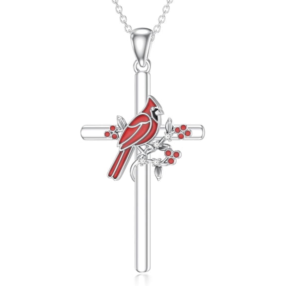 AOBOCO Diamond Red Cardinal Necklace for Women 925 Sterling Silver Cardinal Cross Pendant with Lab Grown Diamond Jewelry Gifts for Her