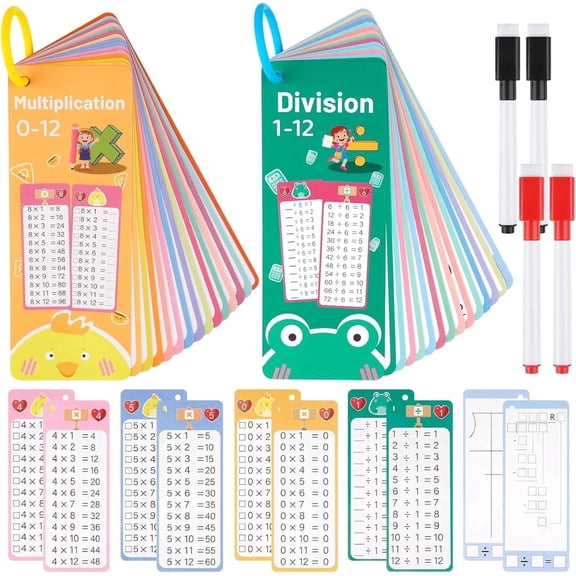 Multiplication and Division Flash Cards 29 Pcs, 0-12 Math Flash Cards with 4 Dry Erase Pens 2 Rings, Educational Time Table Flash Card for 1st-3rd Graders Multiplication Game
