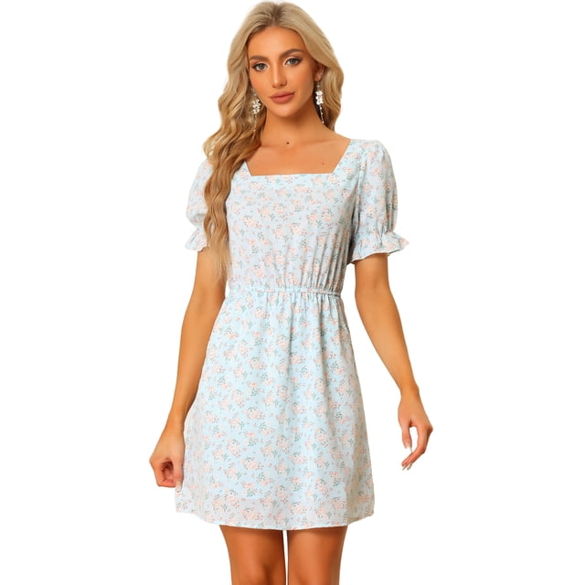 Vestido Floral Por Encima De La Rodilla Con Cintura Elástica Y Cuello Cuadrado Con Mangas Abullonadas Para Mujer Azul Claro L