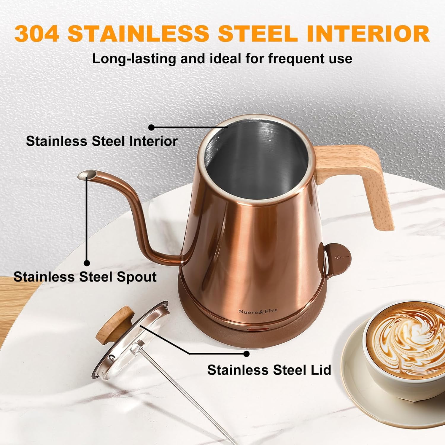 Gooseneck Electric Kettle with Thermometer, Copper Tea Kettle with Auto Shut-Off, 1000W Hot Water Kettle Electric of Stainless Steel