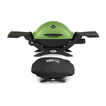 Weber Q 1200 Liquid Propane Grill (Green) with Grill Cover