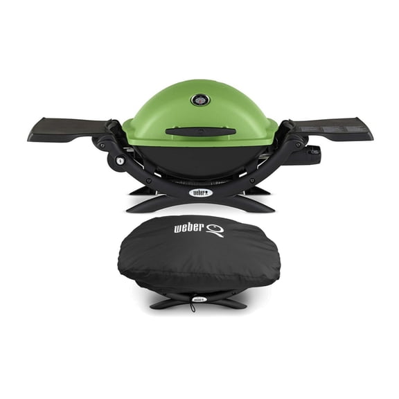 Weber Q 1200 Liquid Propane Grill (Green) with Grill Cover