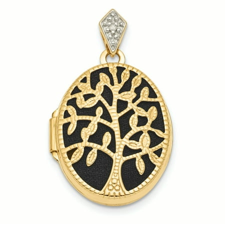 14K Yellow Gold Textured Diamond Black Fabric Oval Tree Locket Charm Pendant
