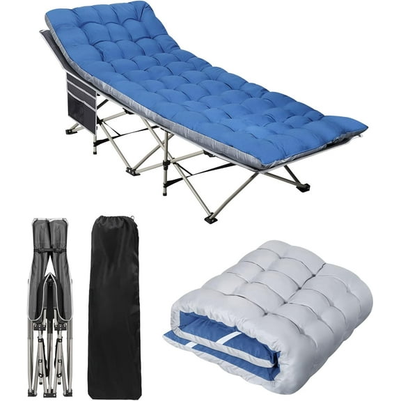 Portable Camping Cot with Mattress - Outdoor Folding Heavy Duty Sleeping Bed with Side Pocket for Adults - Oxford Single Lounge Chaise for Camping Tent Beach Office Max Load 300 LBS (Grey)