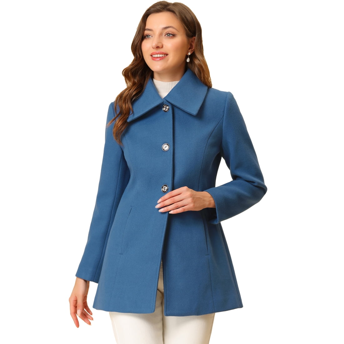 Turn Down Collar Overcoat A Line Single Breasted Winter Coat Blue XS