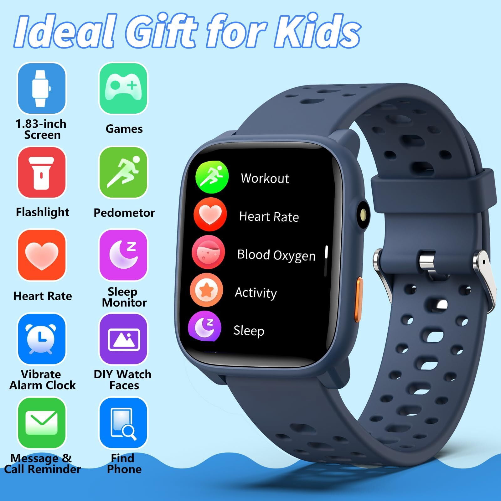 Kids Smart Watch 1.85" Upgrade - Fitness Tracker with Heart Rate Sleep Monitor Pedometer, 100+ Sports Modes, 12 Puzzle Games, Activity Tracker for Boys Girls Teens Aged 6-15 Outdoor Fun (Blue)
