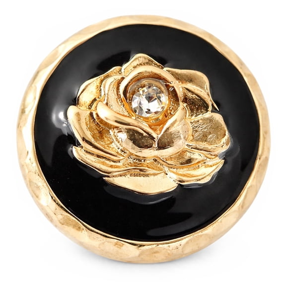 Snap Jewelry 18MM Golden Rose Ginger Charm with Crystal Center on Black Enamel