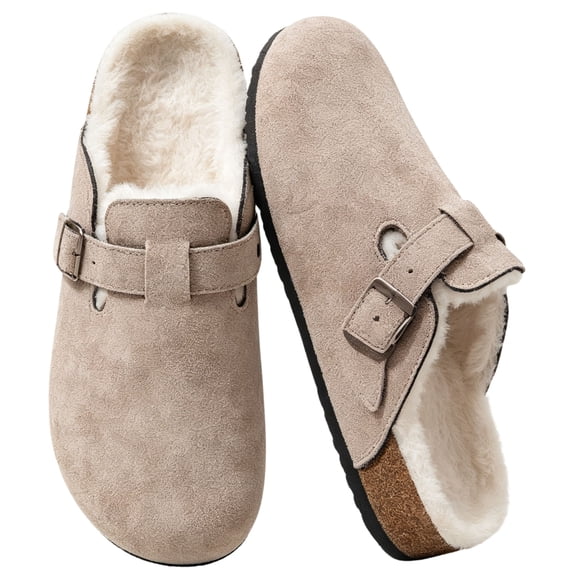 CHICVOMEY Women's Fuzzy Suede Clogs Leather Mules Fur Lined Non Slip Closed-Toe for Indoor Outdoor Slip on Mules