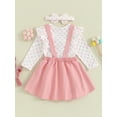 thumbnail image 4 of Bslissey Baby Girls Easter 3Pcs Outfits Long Sleeve Dots Print Romper + Bunny Embroidery Suspender Skirt + Headband 3M 6M 9M 12M 18M Infant Casual Cute Clothes Set, 4 of 9
