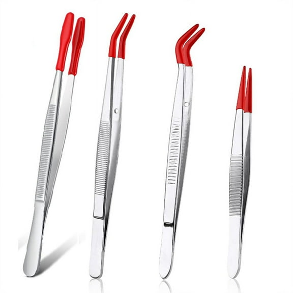 4Pieces Tweezers with Rubber Tips Tweezers PVC Coated Tweezers Set, Rubber Straight/Flat Tip Tweezer Bent Tweezers Red
