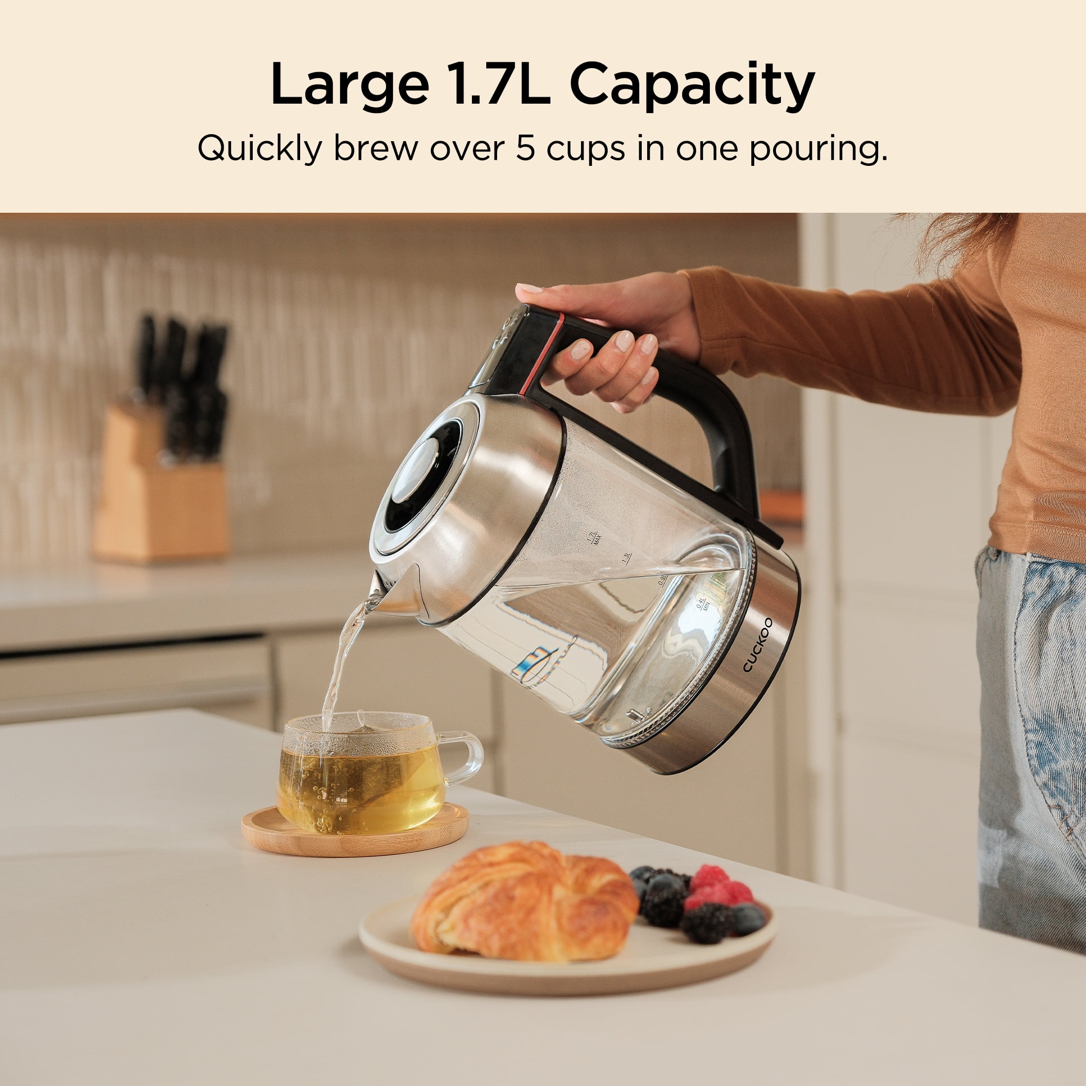 CUCKOO CK-G170BS Electric Glass Tea Kettle w/ Infuser, 7 Temperature Ranges, 1.7 L (Stainless Steel)