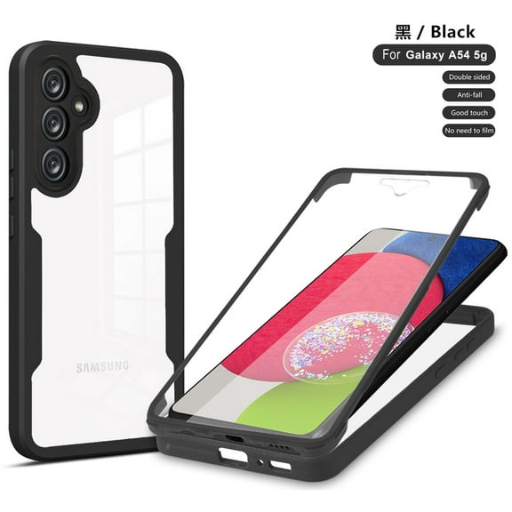 for Samsung Galaxy A54 5G Case with Front Screen Protector, Dual Layer Clear Rugged Shockproof Protective Cover Case Work with Fingerprint ID for Galaxy A54 5G (6.6 inch, 2023), Black