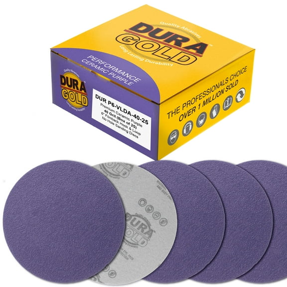 Dura-Gold Premium 40 Grit 6" Purple Film Ceramic Sanding Discs, Box of 25 - Hook & Loop Backing Sandpaper for DA & Random Orbital Sanders - Fast Sharp-Cut Abrasive, Sand Auto Paint, Woodworking