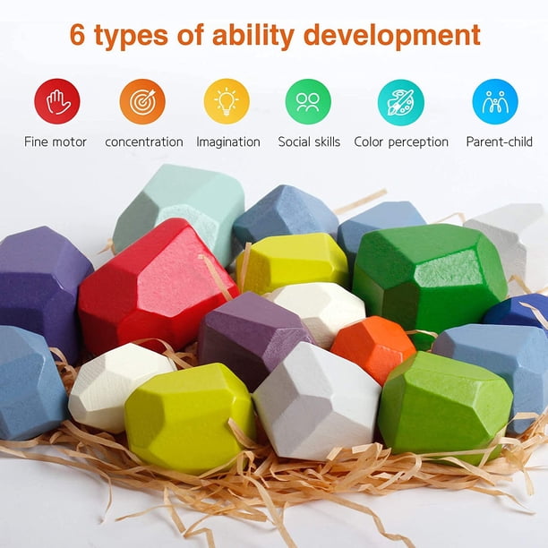 Pierres Empilables en Bois Jouets Montessori, 22 Pcs Pierre Colorée en Bois Blocs de Construction Pierre Jeu d'Empilage Jouet Éducatif pour Enfants Garçons Filles et Ornement pour la Maison