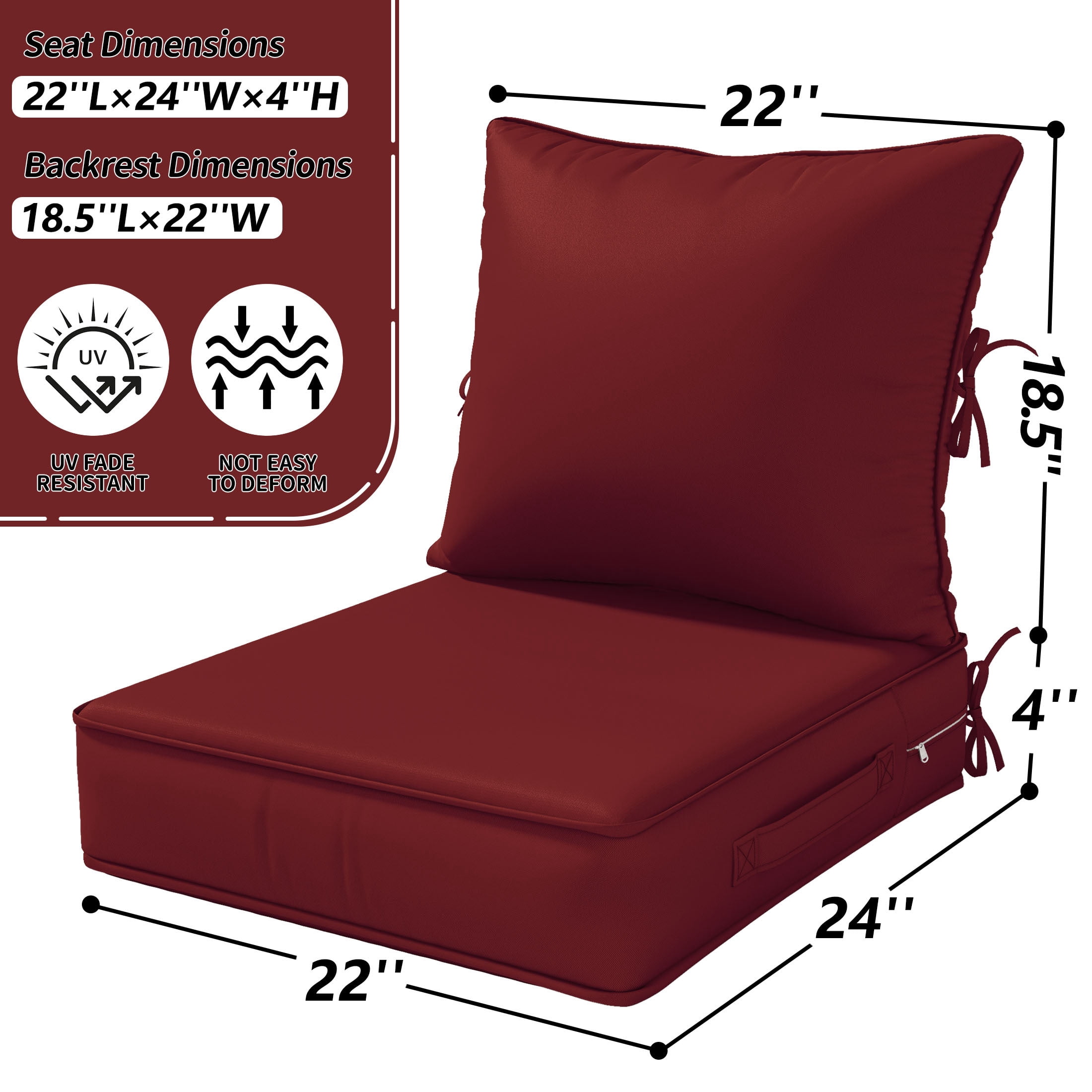 Kimunuk Outdoor Deep Seat Cushion Set for Patio Furniture, Splash-Proof & Fade Resistant, 22" L X 24" W X 5" H,Burgundy