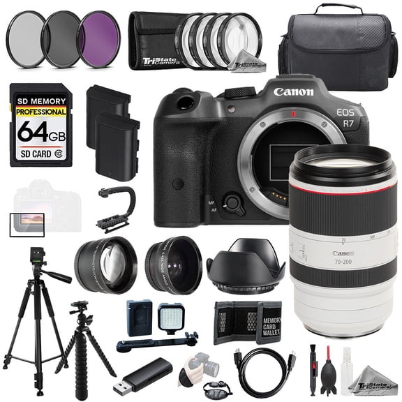 Canon EOS R7 Camera   RF 70-200mm f/2.8L IS USM Lens 64GB Ext Bat 9 PC Filter-MEGA Kit (International Version)