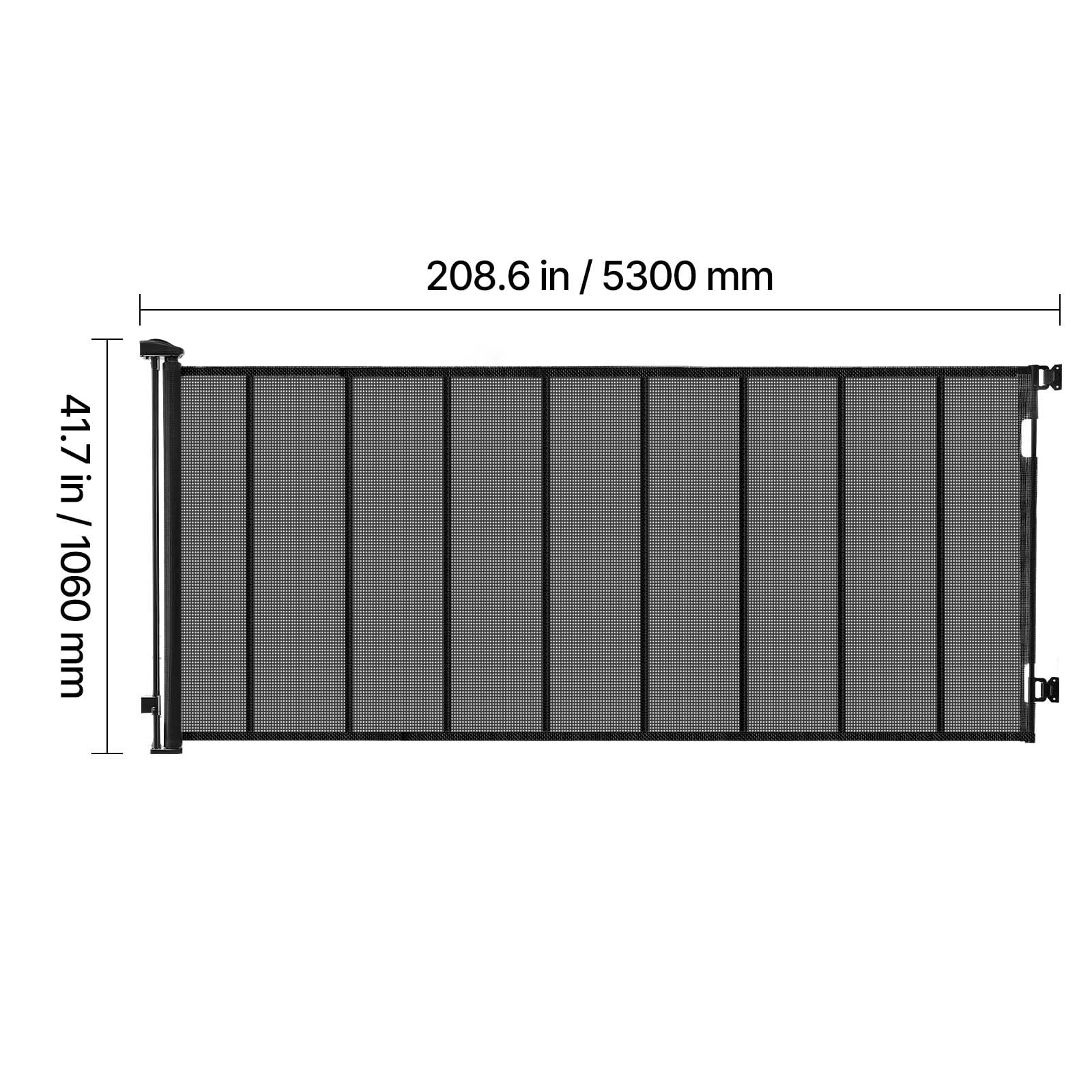 KFFKFF Retractable Baby Gate, Expands up to 202.7 inches Wide, 39 inches Tall, with Durable Fiberglass Strips, Prevents Crawling, Mesh Pet Barrier for Decks, Doorways, Garages, Indoor Use, Black