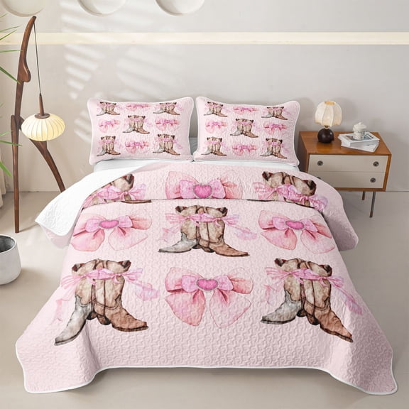Western Cowgirl Twin Quilt Set for Girls, Kawaii Bowtie Boots Twin Coverlet Set, 2pcs 1 Quilt and 1 Pillowcase