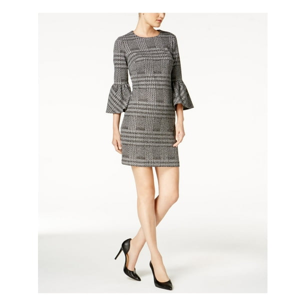 Calvin Klein Women's Ponte Plaid Bell Sleeve Sheath Dress, Black/Cream, 16 Calvin Klein Women's Ponte Plaid Bell Sleeve Sheath Dress, Black/Cream, 16