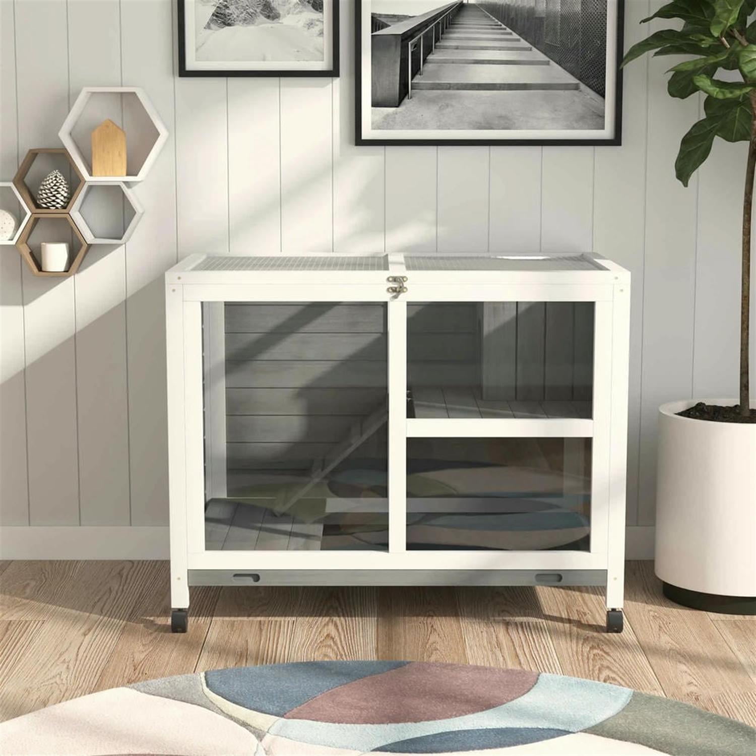 Kadyn 36" Indoor Wooden Rabbit Hutch with Openable Roof, Removable Tray and Wheels, Outdoor Bunny Cage for Bunnies, Guinea Pigs, Gray