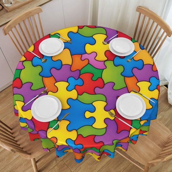 Round Table Cloths 60 Inch Autism Awareness Puzzle Piece Pattern Tablecloth Kitchen Dining Christmas Holiday Party Decor Table Cloth