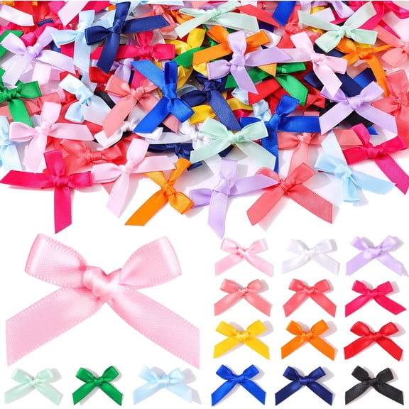 150PCS Colorful Mini Bows for Crafts, 1.5*2" Fabric Small Bows for Decoration,Satin Ribbon Tiny Bow for Clothes Ornament, Christmas Tree Bows &Thanksgiving Gifts Party Cake Balloon Treats