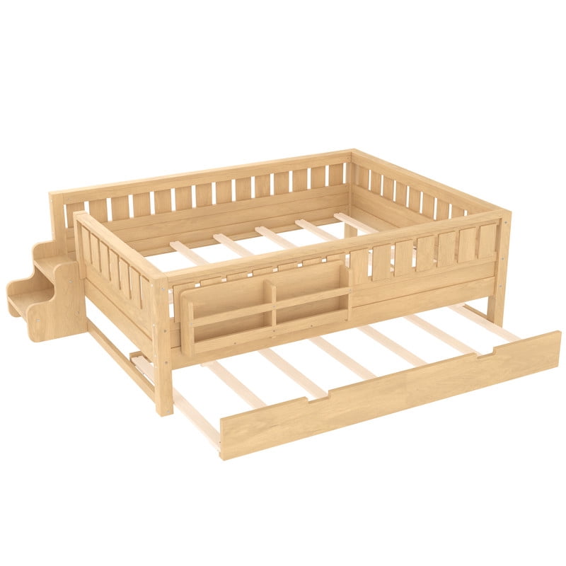 URTR Full Bed with Rail and Bookshelf, Full Size Wooden Montessori Floor Bed with Small Stairs and Trundle, Full Size Platform Bed Frame, No Box Spring Needed, Natural