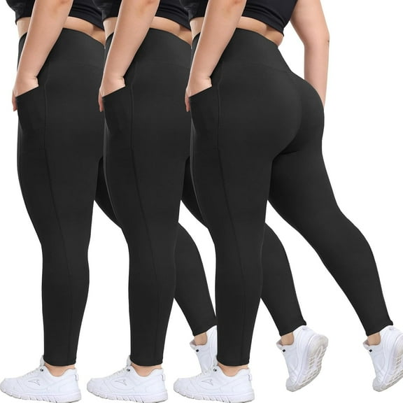 FUNING 3 Pack Plus Size Leggings with Pockets for Women - Black High Waisted Tummy Control Soft Yoga Pants for Gym Workout