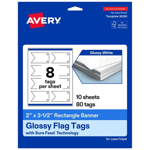 Avery Banner Flag Tags, 2" x 3-1/2", Glossy White, 80 Total