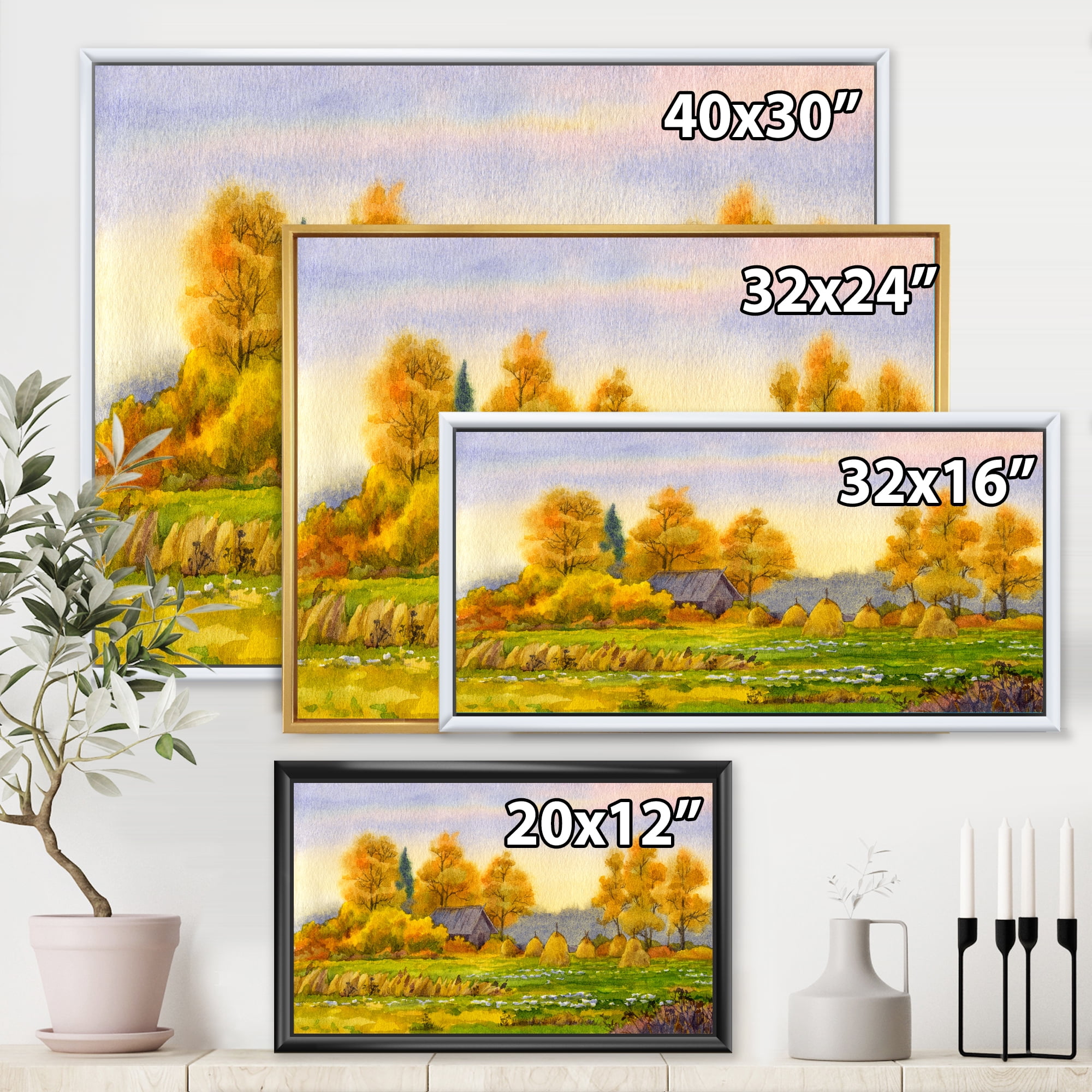 Orange Fields With Haystacks II 20 in x 12 in Framed Painting Canvas Art Print, by Designart