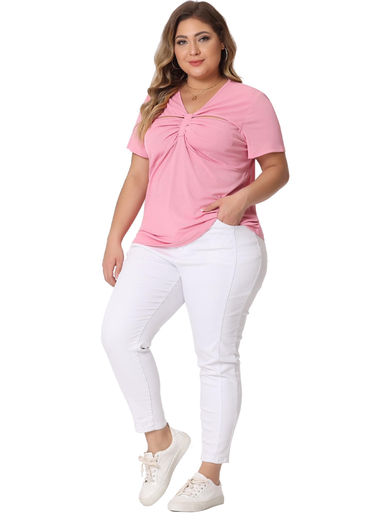 Unique Bargains Women Plus Size Ribbed Knit Cut-Out Twist Short Sleeve Tee Shirt 4X Pink