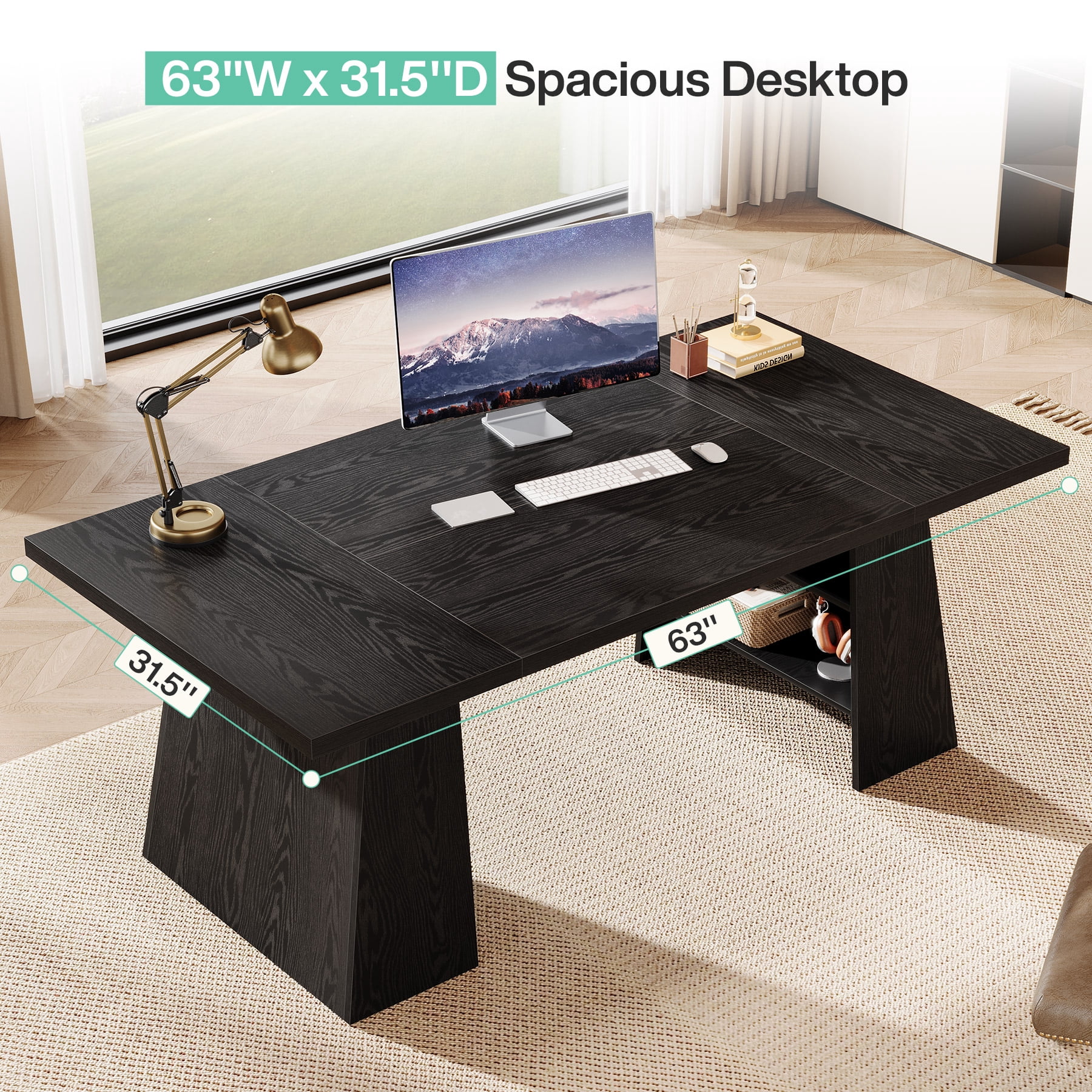 Fnova 63'' Executive Desk, Home Office Computer Desk with Double Pedestal & Storage Shelves, Large Writing & Conference Table, for Home Office & Small Business
