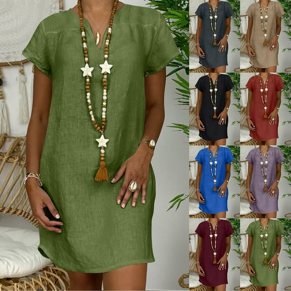 Summer Dresses for Women 2025, Fashion Women Loose V-Neck Summer Solid Short Sleeve And Linen Dress(Black,S)