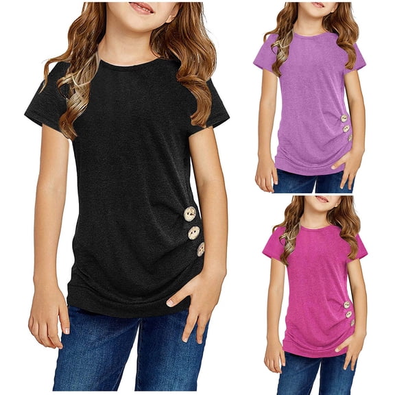 Gerichy Girls Summer Tops Trendy Short Sleeve T-Shirt Cute Casual Knot Tunic Button Short Girls Sleeve TShirt Casual Tops Front Blouse Tee Kids Girls Tops Short Sleeve Tshirt Crewneck Summer Tops