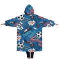 thumbnail image 2 of Oversized Wearable Blanket Hoodie,Blue Soccer Elements Pattern Sherpa Blanket Hoodie with Super Pockets,Super Warm Fuzzy Pullover for Women & Men, 2 of 6