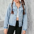 thumbnail image 4 of Mercatoo Girls Ripped Jean Jacket Front Pocket Button Long Sleeve Collared Jean Coat Retro Classic Casual School Clothes, 4 of 6