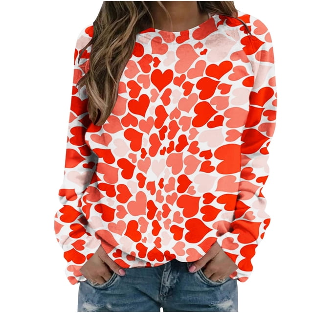 Chemises à Manches Longues pour Femmes de la Saint-Valentin, Décontractées, Surdimensionnées, Col Rond, Imprimées, Légères, Vêtements d'Automne