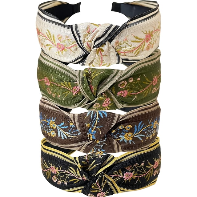 Jseng- Diadema trenzada vintage hecha a mano de 4 piezas, diadema elástica con nudo cruz y bord de tela, diadema ancha y dulce