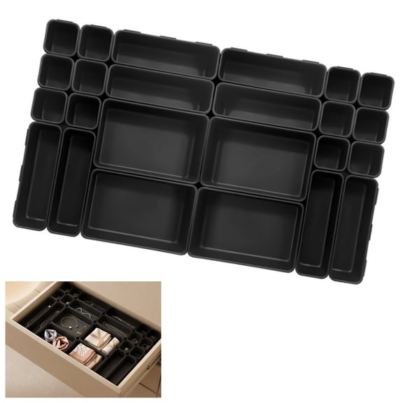 24 Pcs Drawer Organizer Trays, 3 Sizes Plastic Bins, Makeup Box Set, Black Desk Drawer Dividers for Bathroom Vanity, Kitchen, Office, Dresser Storage