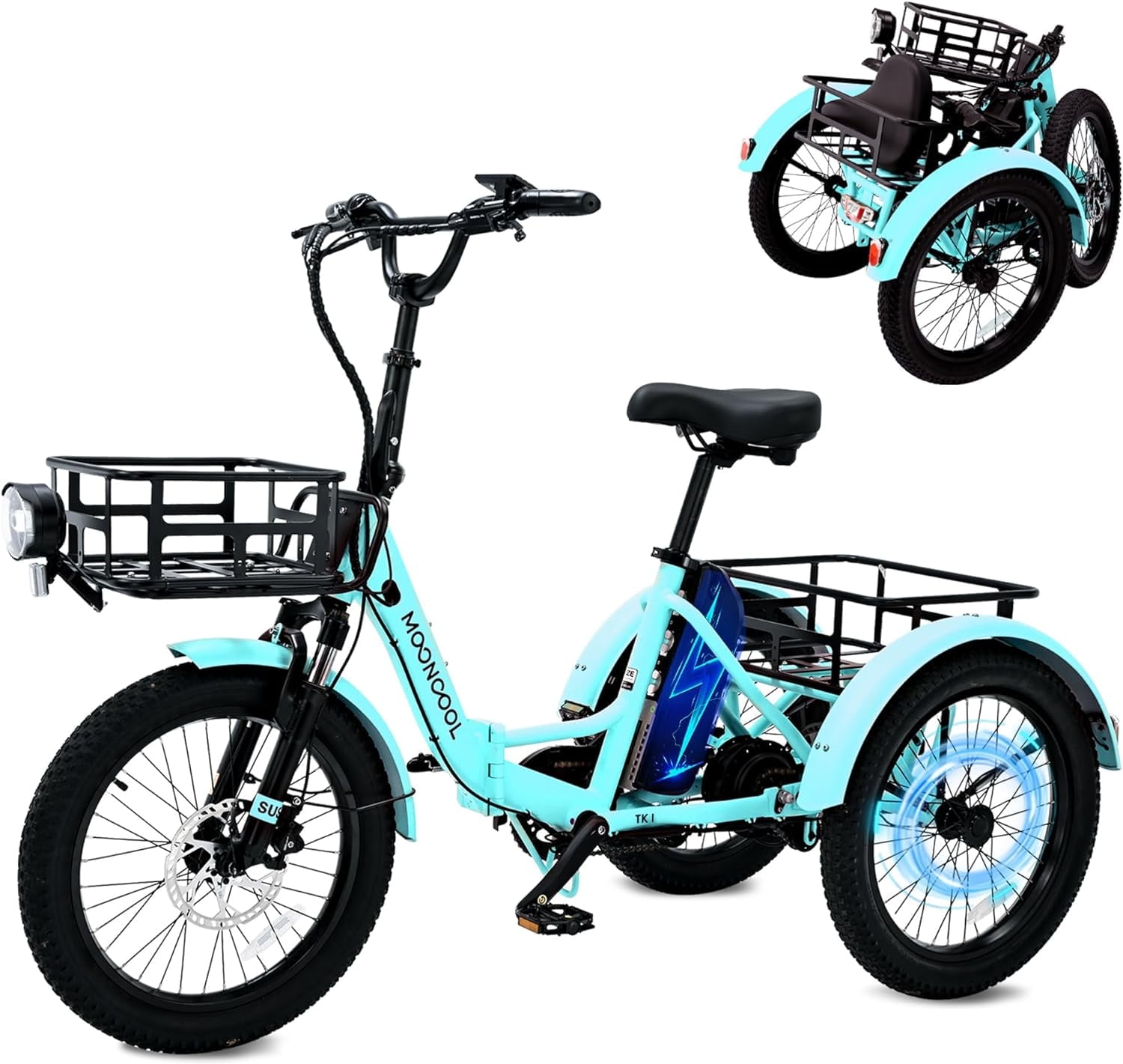 Mooncool 20" x 4" Fat Tire Electric Tricycle for Adults, Electric Trike with Front & Rear Basket, Peak 1100w Motor 48V Removable Battery, 3 Wheel Electric Bicycle for Men Women Senior