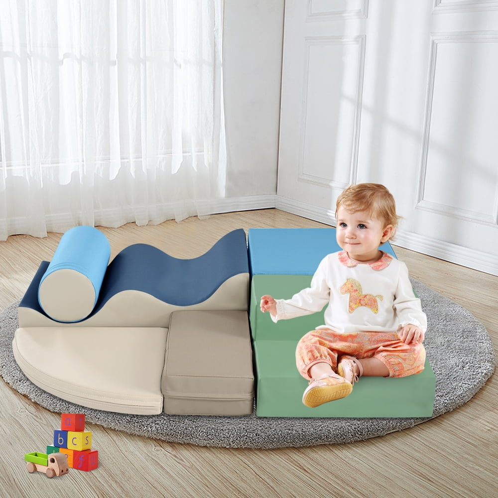 6 in 1 Soft Climb and Crawl Foam Playset for Baby, Toddler Indoor Play Equipment with Ramp, Steps, Wave Mat, Cylinder, EPE Foam,Blue & Green