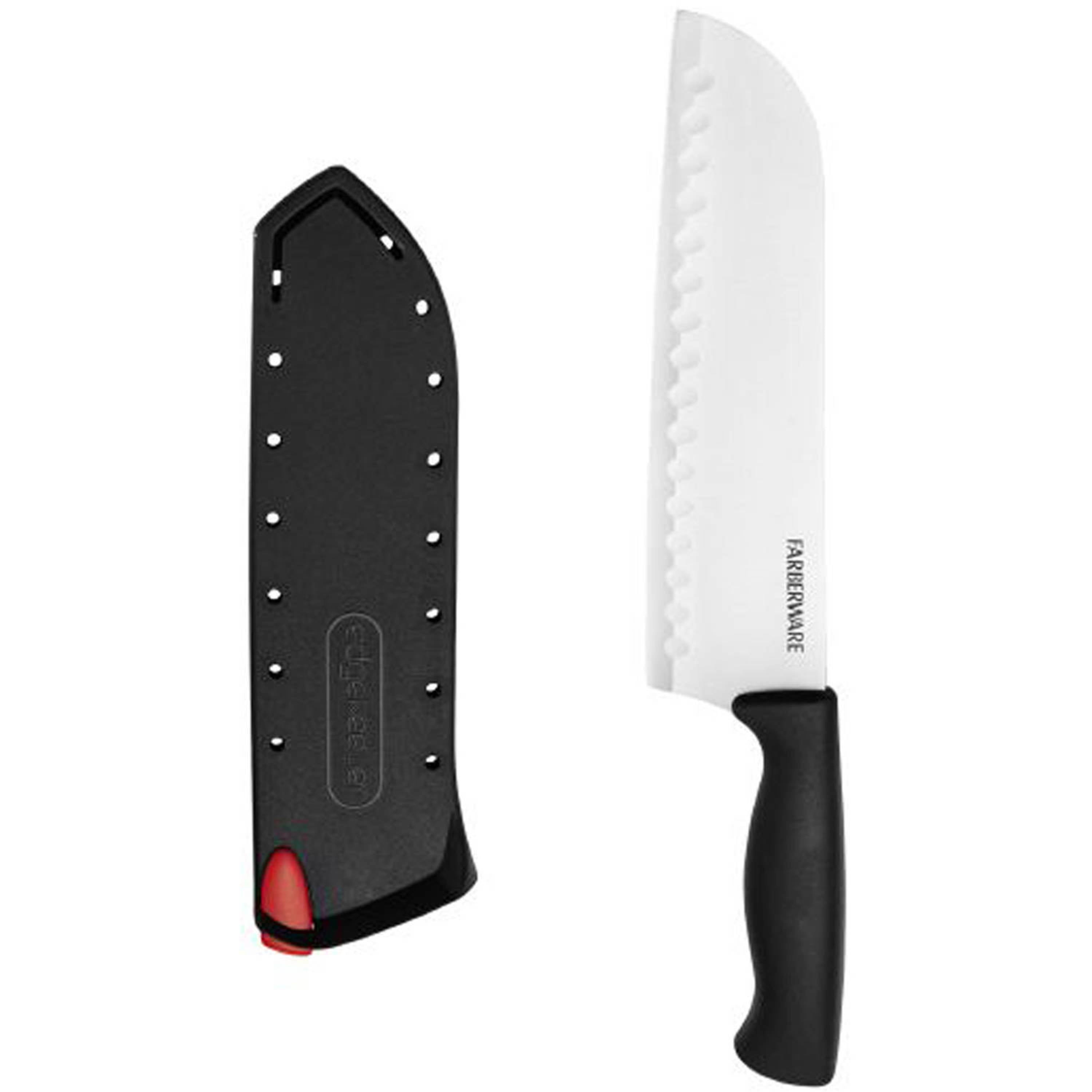 Farberware Edgekeeper Classic 7-inch Santoku Knife with Black Self-Sharpening Sleeve and Handle