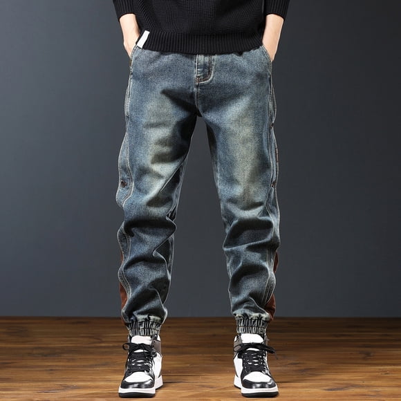 Heavyweight Patchwork Cargo Jeans for Relaxed Fit - Casual Tapered Ankle Pants Everyday Men’s Denim with Pocket Details