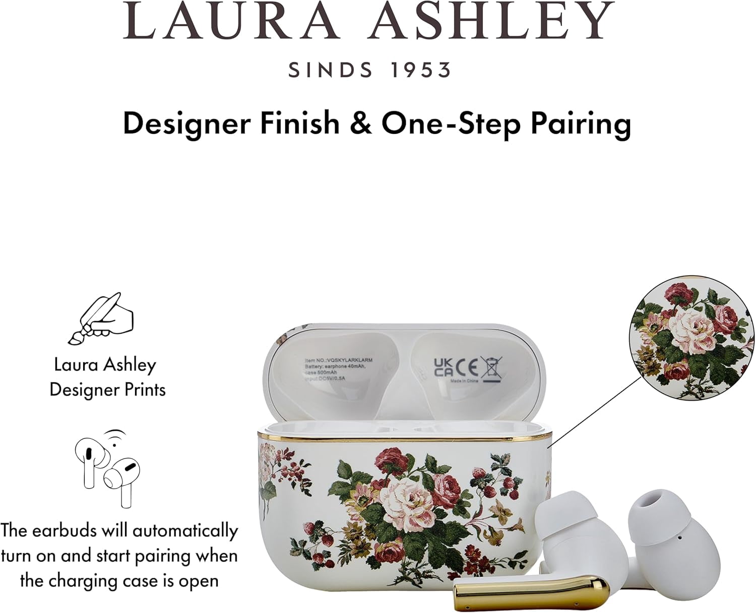 VQ Laura Ashley Skylark TWS Wireless Earbuds – Bluetooth 5.3 Earphones with Enhanced Noise Cancelling (ENC), 10-Hour Playtime & 45-Hour Charging Case – Rosemore