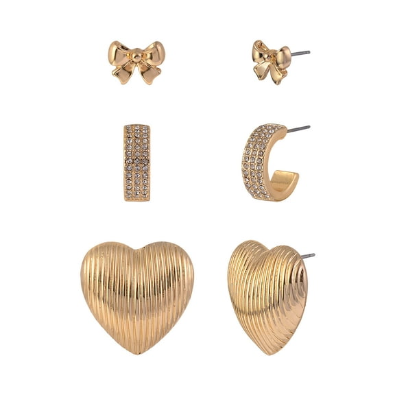 Time and Tru Women's Metal Bow Textured Heart Cry Pave Goldtone Hoop 3pc Multi Earring Set