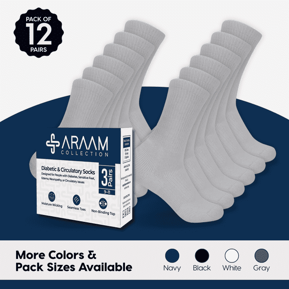 Araam Collection Diabetic Crew Socks - Non-Binding Cotton Diabetic Socks for Men and Women - 12 pairs, Gray (Size 10-13)