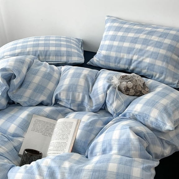 NAYOROOM Blue White Checked Geometric Duvet Cover Queen Set, 3-Piece Fresh Checkered Pattern Breathable Comforter Cover