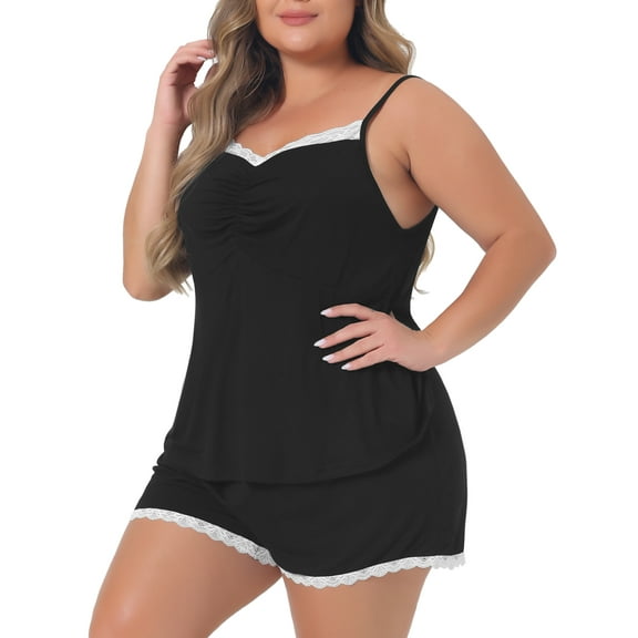 Unique Bargains Women's Plus Size Cami Shorts Sets Lace Lingerie Sleepwear 4X Black